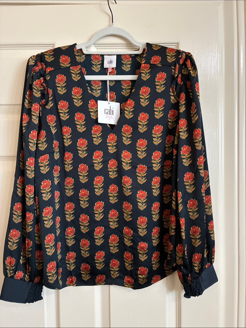 CAbi 4914 Black Floral V-Neck Blouse with Red and Gold Blooms